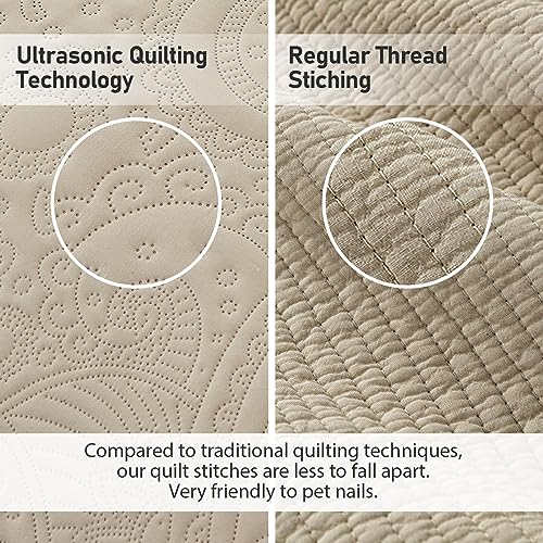 Image of Qucover Oversized King Bedspreads 128x120, Soft Microfiber Ultrasonic Quilting Paisley Pattern California King Quilt Sets Oversized, 3 Piece Oversized Coverlet Bedding, Beige