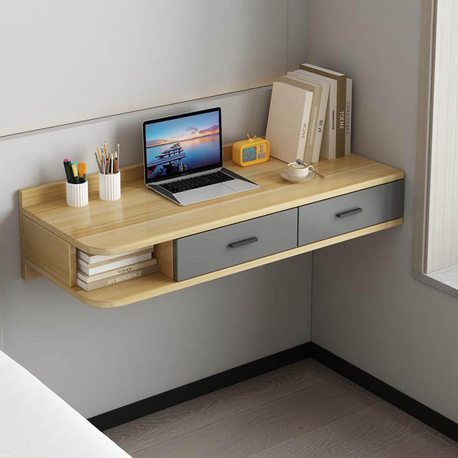 asdchZen Wall-Mounted Floating Dressing Table With Drawers, Makeup Vanity Desk For Bedroom, Open Storage Computer Desk Cabinet,D-80x40(31x16inch)