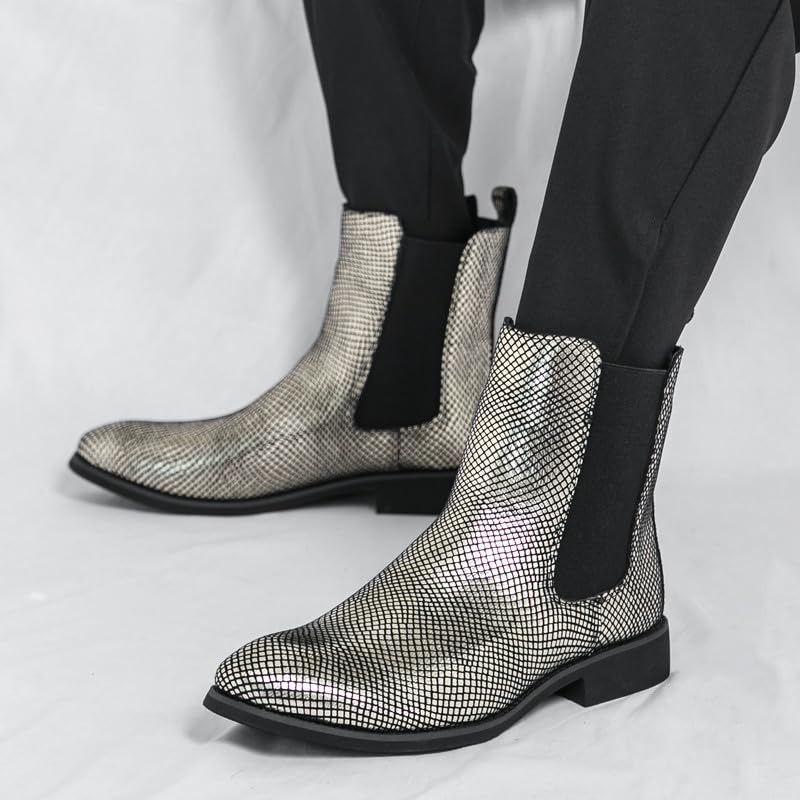Santimon Men's Leather Chelsea Boots, Shiny Pattern Ankle Boots Comfortable Stylish Slip On Dress Boot4