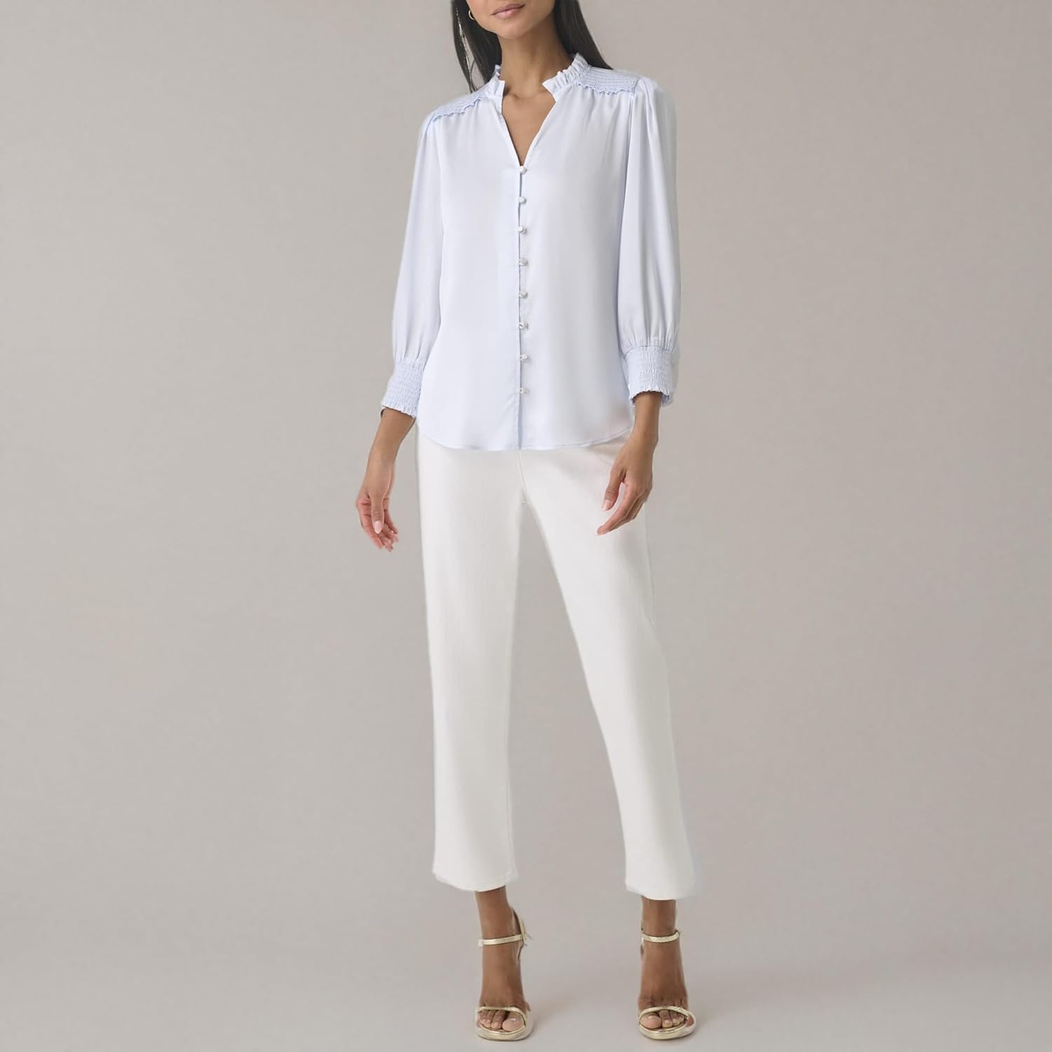 Karl Lagerfeld Womens Lightweight Ruffle Collar 3/4 Sleeve Button Front Blouse - Image 6