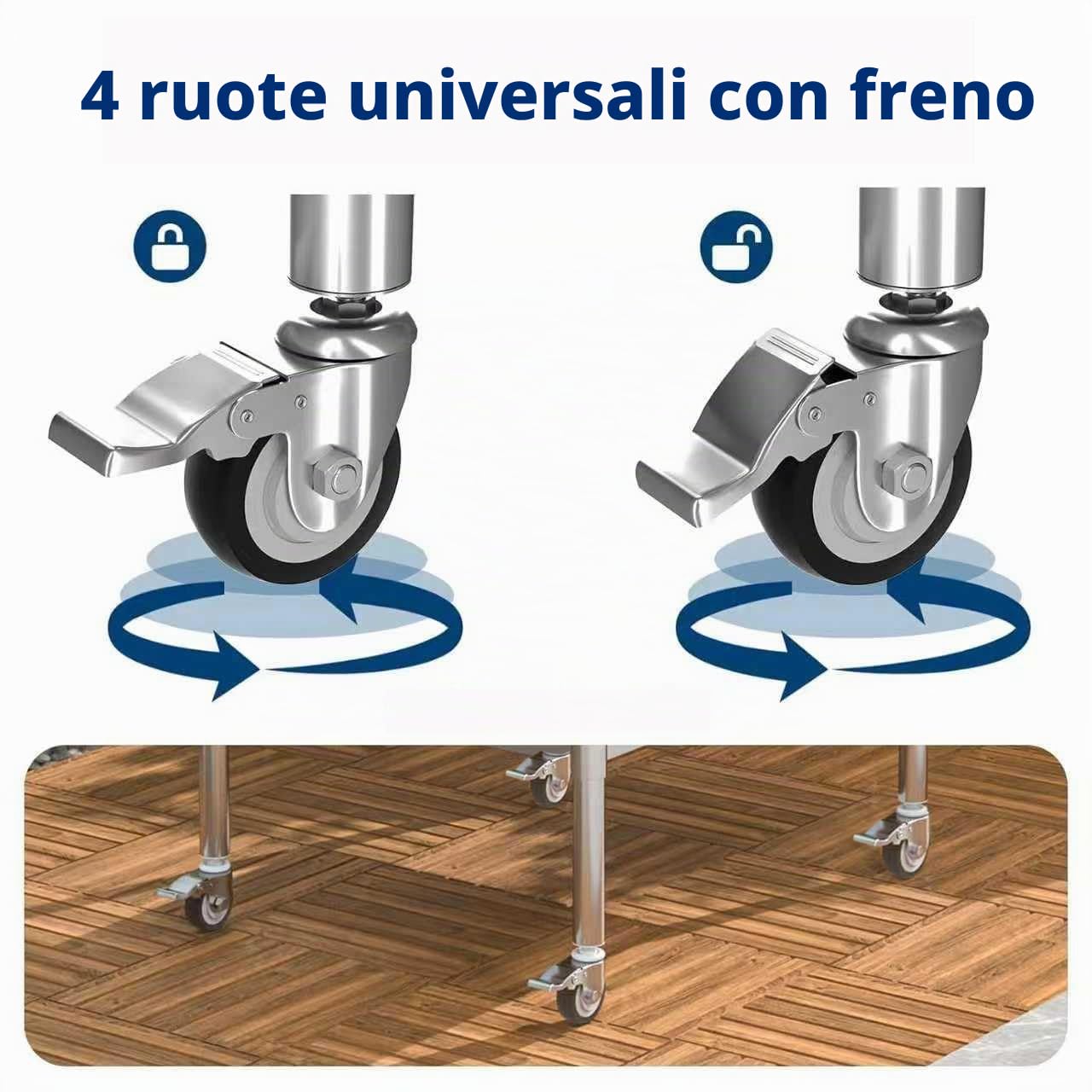 Tavolo da lavoro in acciaio inox, 76 x 60 cm, 4 ruote girevoli con freni, portata fino a 300 kg, professionale, in acciaio inox, per ristorante, cucina, bar, hotel, garage