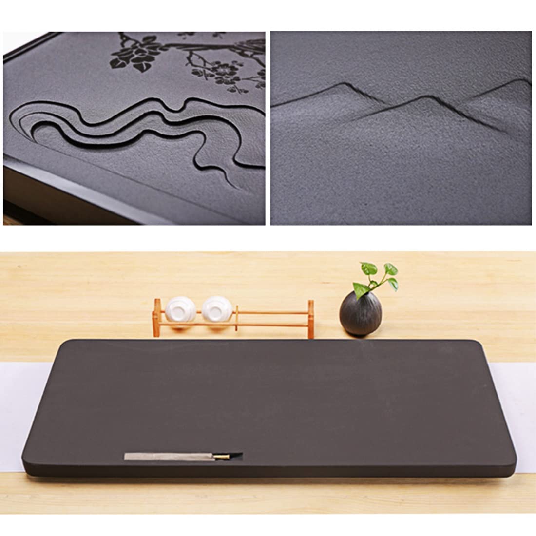 Bandeja de Piedra con Orificio de Drenaje y 8 Accesorios para Juego de té Kungfu (50 x 25 x 3 cm)