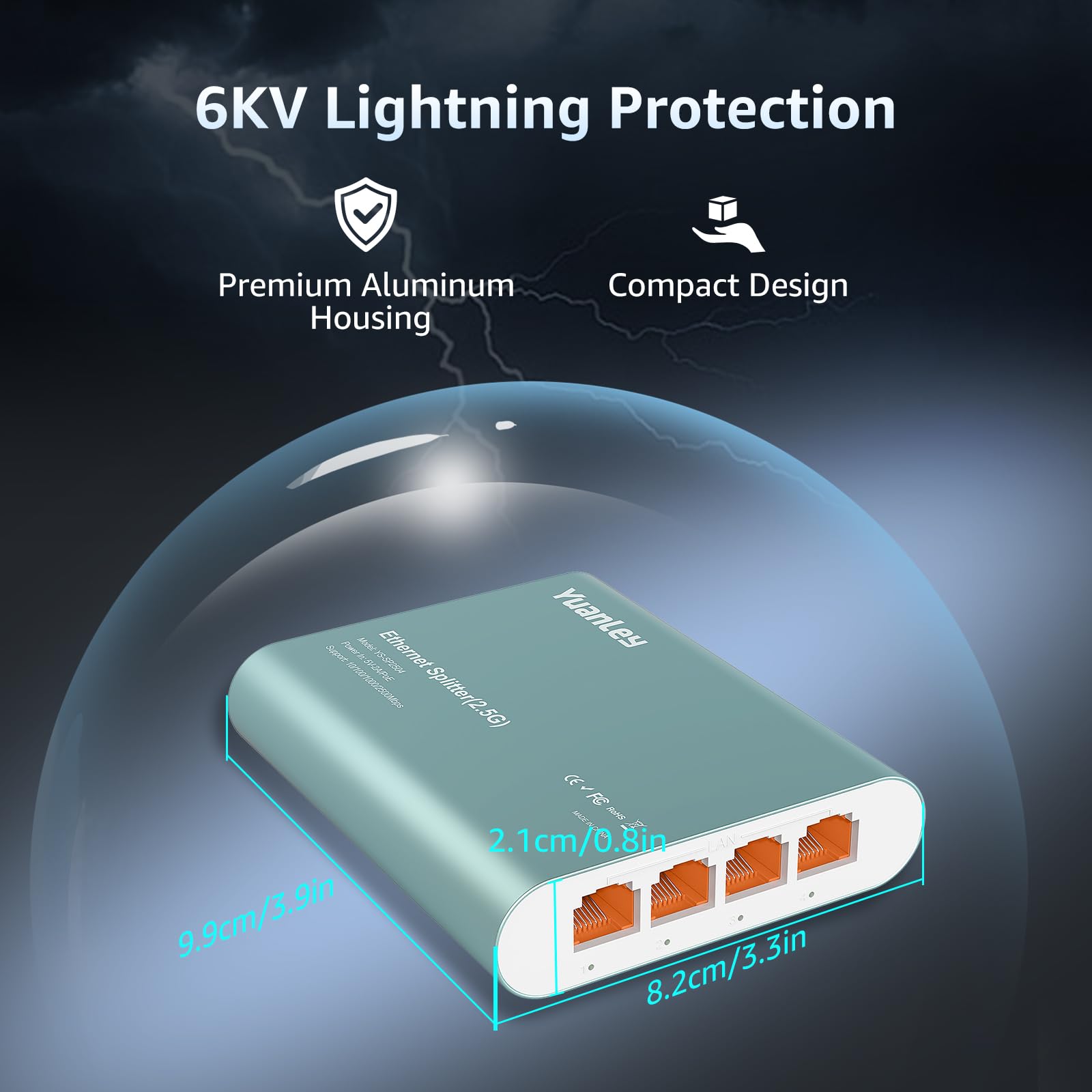 Splitter Ethernet 2.5G 1 à 4 avec Entrée PoE, Splitter Internet RJ45 Haut Débit 2.5G avec Boîtier en Aluminium, Isolation de Port VLAN, Alimenté par PoE/USB-C, Câble USB-C Inclus, Plug and Play