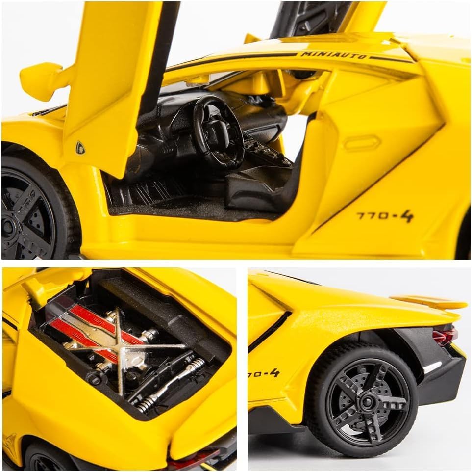 Image of Model Car Compatible for 1 /24 Scale Lamborghini LP770 Alloy Diecast Model Vehicles Pull Back Toy Car with Light and Sound for Kids Boys Gift (Yellow)