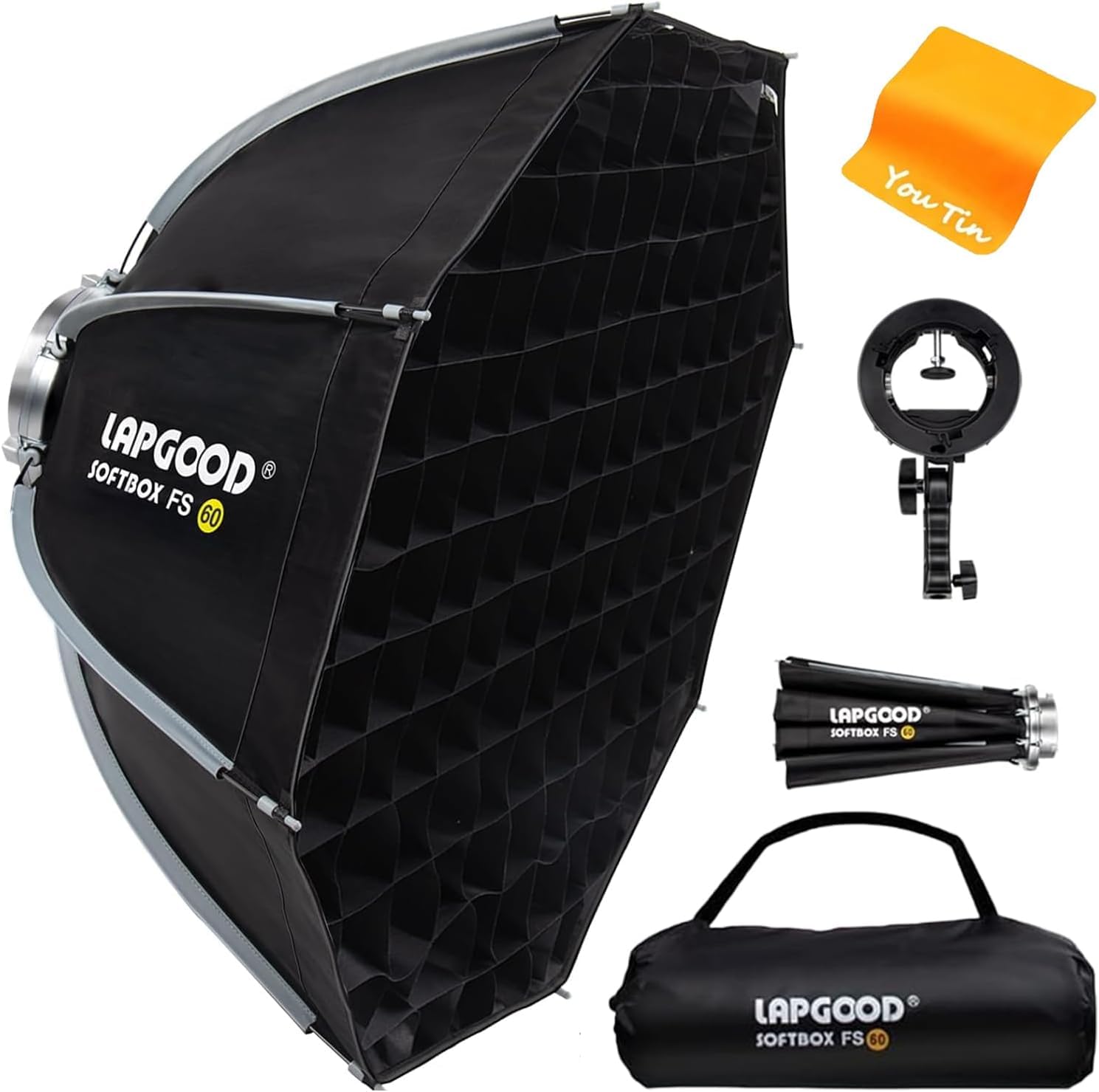 Bowens Mount Softbox 60cm LAPGOOD FS60 Softboxen, Quick Release Faltbare Softbox mit Honeycomb Gitter, S-Typ Blitzhalterung, Bowens Mount und Tragbartasche, Soft Box für Studio Photography Video Blitz