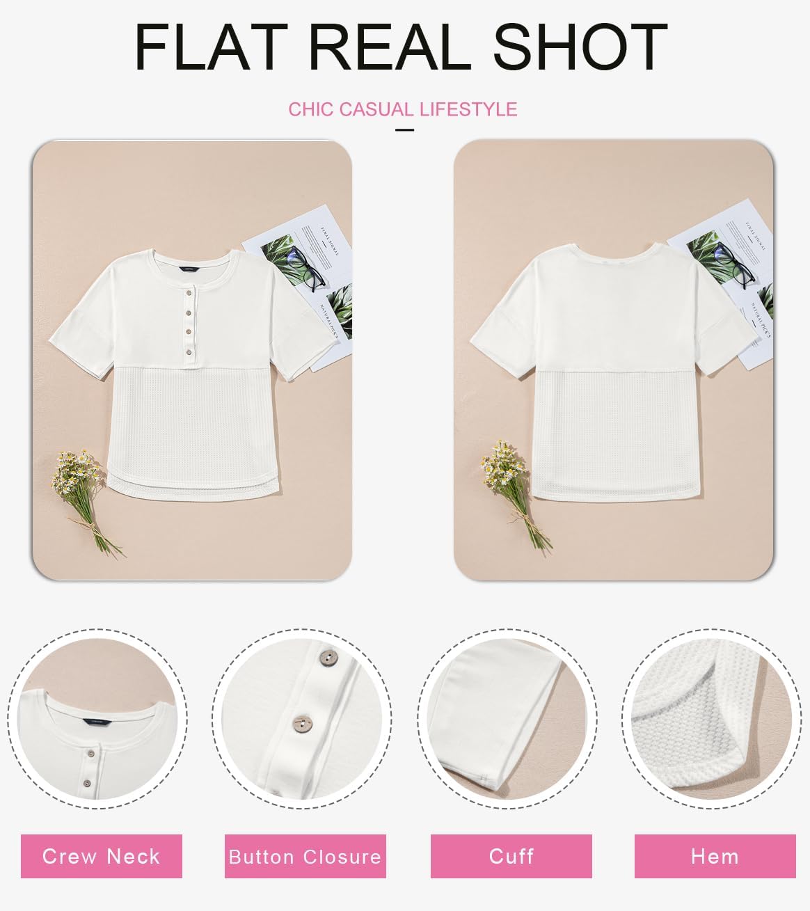 Dokotoo Womens Waffle Knit Tops 2026 Fashion 3/4 Sleeve Casual Button Down Shirts Crew Neck Oversized Patchwork Blouses - Image 4