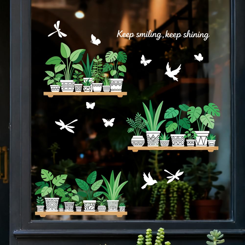 Peacoblue Window Static Cling Decal Sticker Double-Sided for Large Glass Car Windows, 1 Sheet Potted Plants 120x30CM Waterproof Removable Window Decal for Home Office Classroom Decoration
