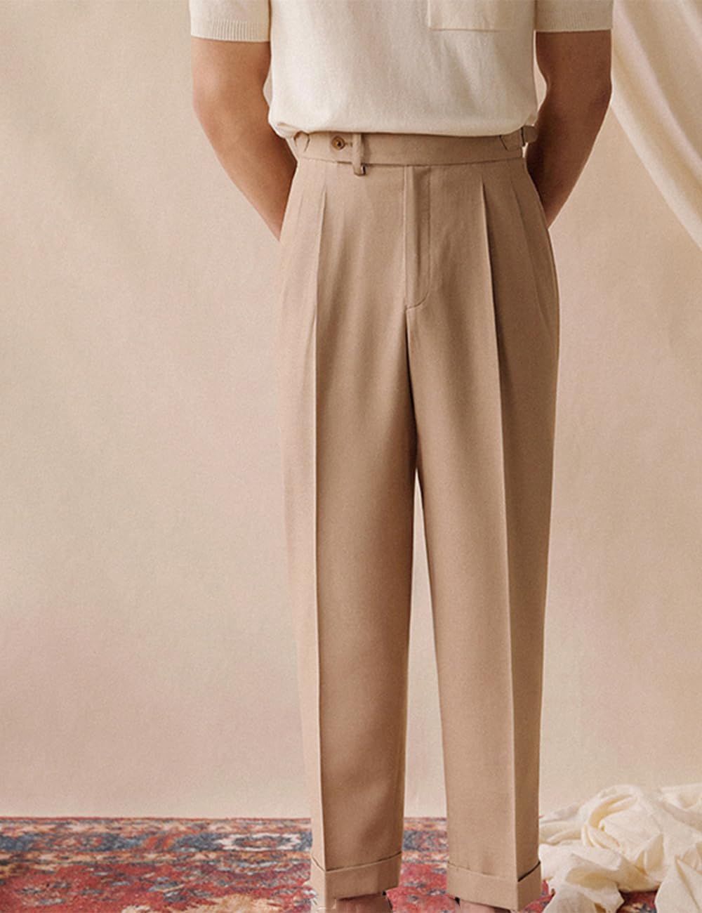 Men's Cotton Gurkha Pleated Bussiness Pants Slim Fit Dress Pants Button Zipper Suit Pants