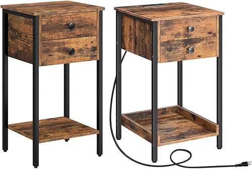 HOOBRO Mesita de noche alta, mesita de noche con estación de carga, mesa auxiliar de teléfono industrial para sala de estar, estudio, dormitorio,