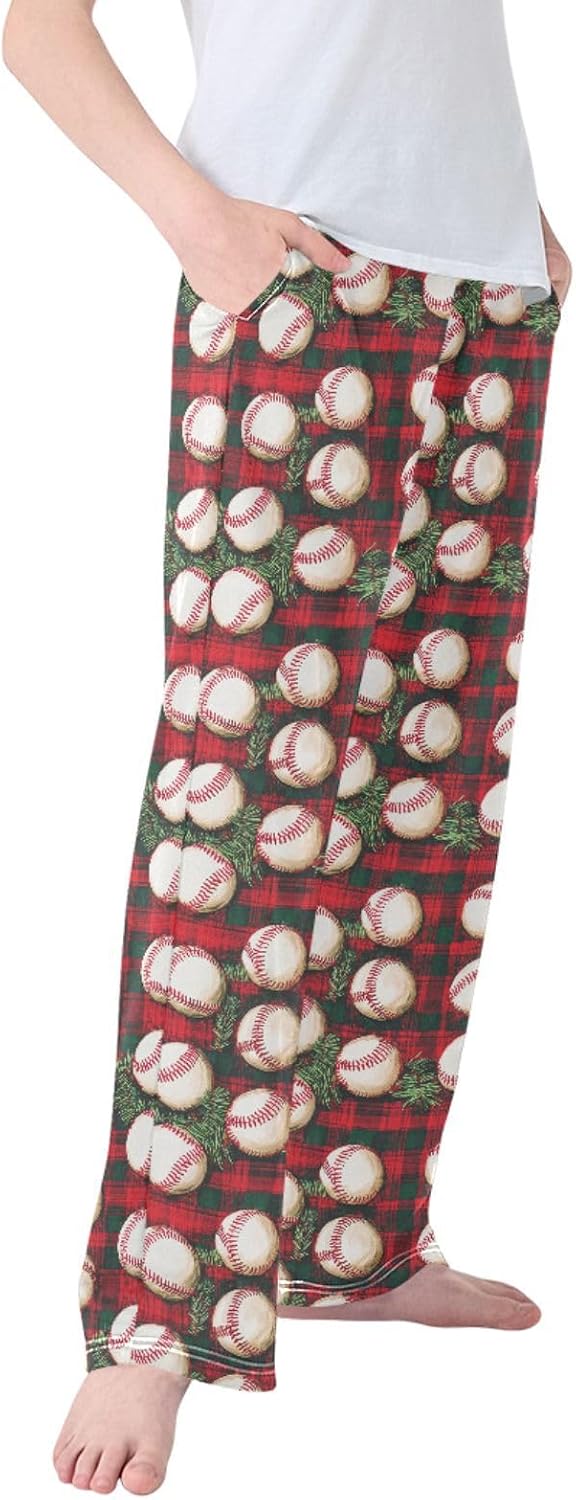 ALAZA Christmas Plants Baseballs Plaid Pajama Pants Soft Long Sleep Pants Lounge Pajama Bottoms with Pockets