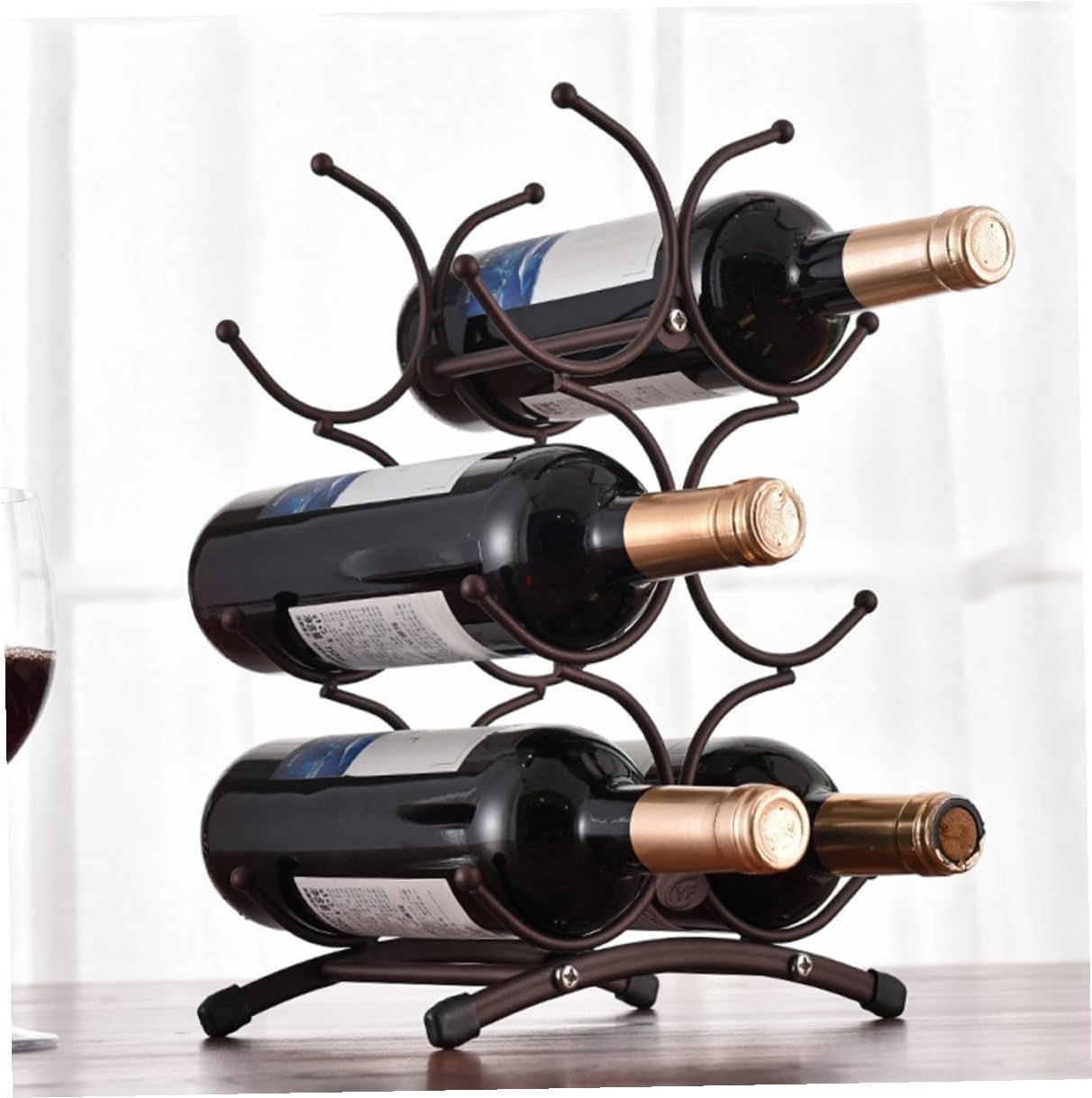 Vintage Metal 6-Bottle Wine Rack with Removable Iron Frame Copper Finish Countertop Wine Holder for Home Dining Room and Display