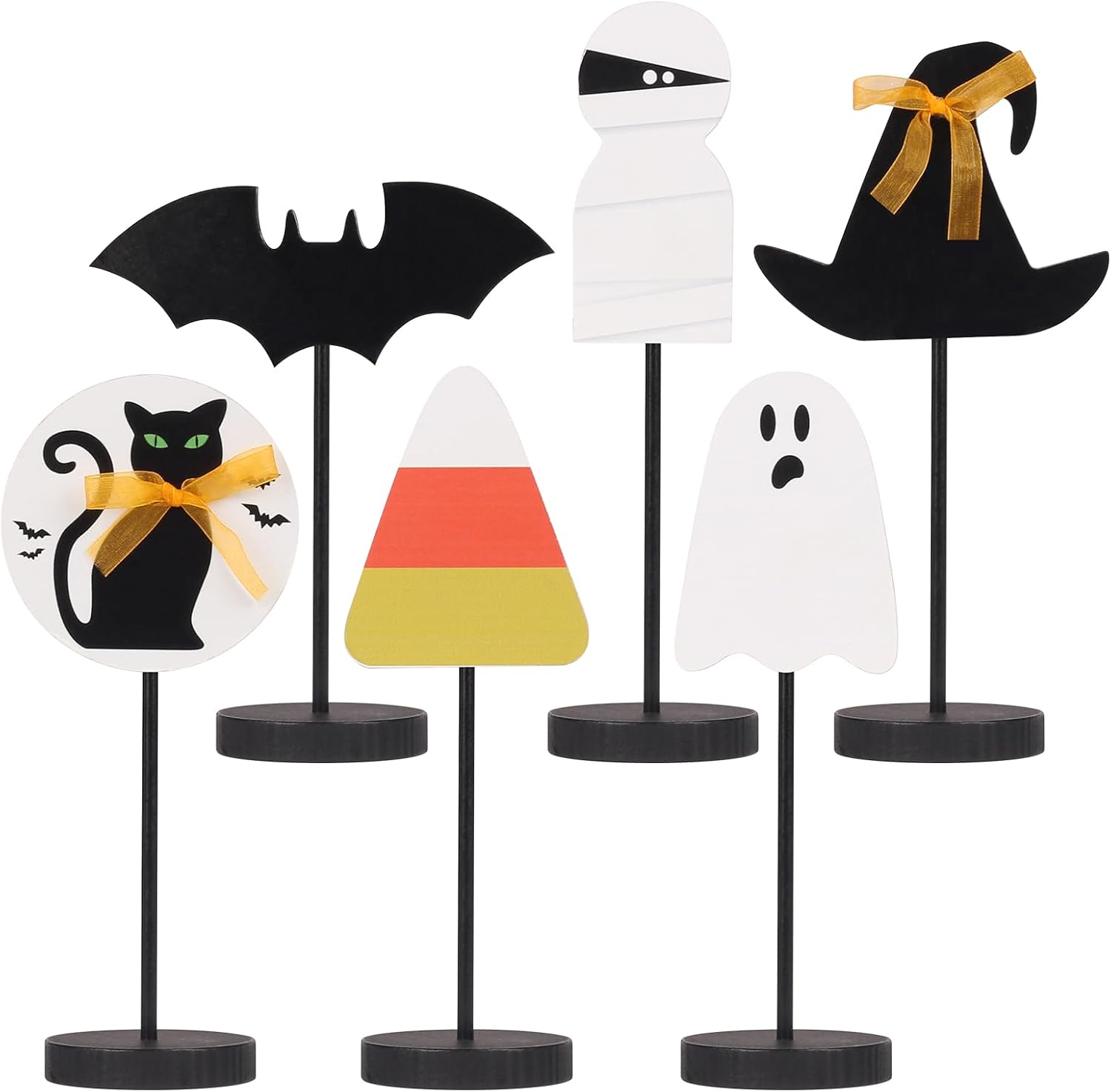 6PCS Wooden Halloween Tabletop Decorations for Home Indoor Centerpieces | Halloween Decor Tabletop Decorations Include Ghost/Bat/Black Cat/Witch Hat for Farmhouse Indoor Party Decor