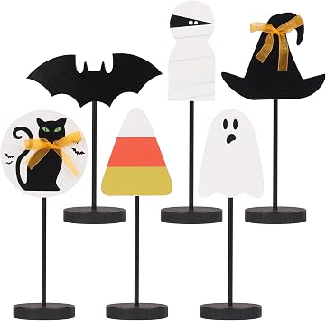 JIALEIXI Halloween Decorations, 6PCS Wooden Sign Tabletop Centerpieces Decorations Include Ghost/Bat/Black Cat/Witch Hat, for Home Farmhouse Indoor Party Decor.