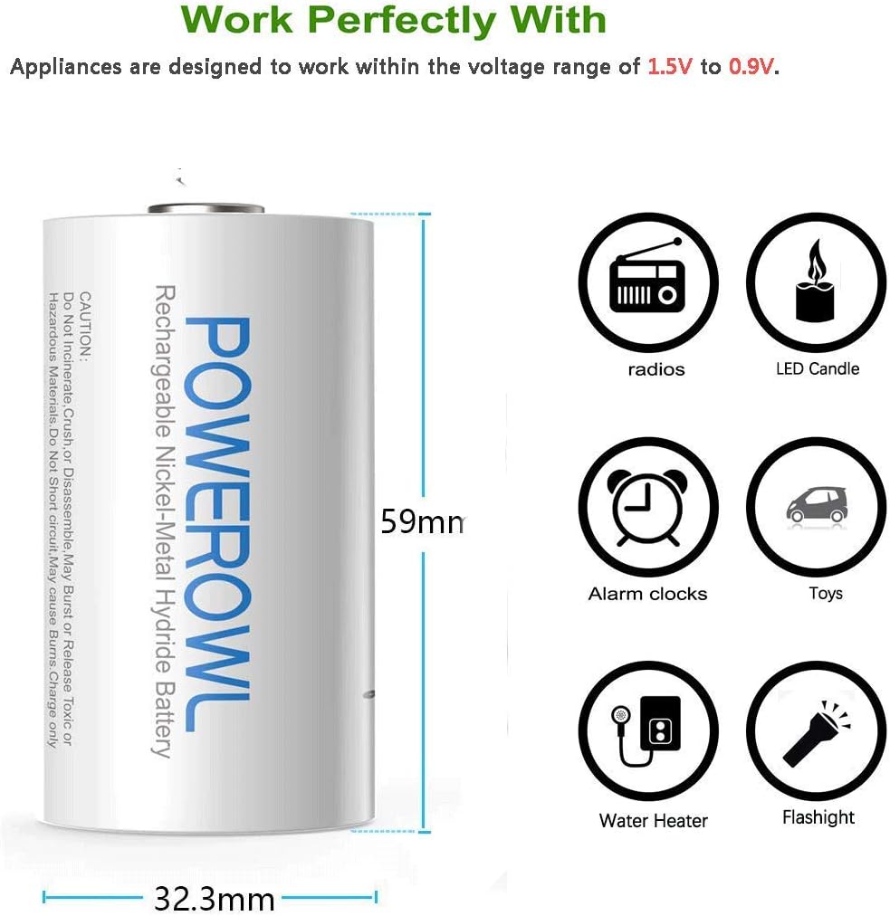 POWEROWL Rechargeable D Batteries 10000mah Low Self Discharge, NiMH, Pre-Charged, 4 Count (Recharge Universal) : Health & Household