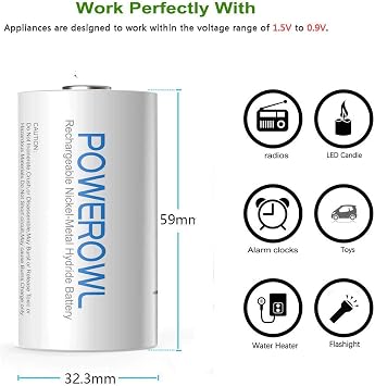 POWEROWL Rechargeable D Batteries 10000mah Low Self Discharge, NiMH, Pre-Charged, 4 Count (Recharge Universal)