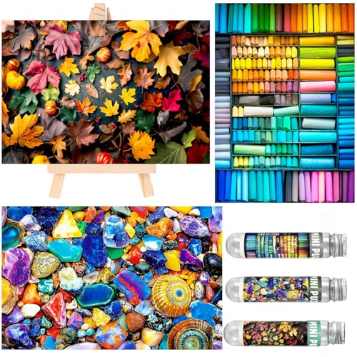 Puzzles pequeños para adultos 150 piezas Mini puzzles desafiantes coloridos hoja y crayón 6 x 4 pulgadas, 3 piezas, caballete mini incluido miniatura 1