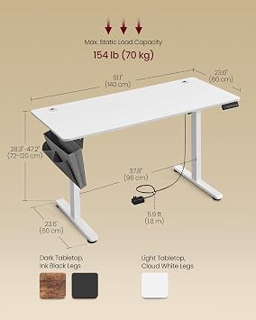 VASAGLE Electric Standing Desk, Height Adjustable Desk, 60 x 140 x (72-120) cm, 4 Memory Heights, Storage Pocket, for Home Office, Study, Cloud White LSD134W02