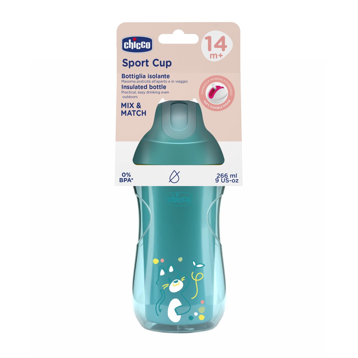 Silikonowy kubek Chicco Sport Cup Proof dla dzieci 14 + miesięcy, 266 ml, termiczna butelka Naucz się pić kubek, z elastyczną odpornością na słomę dla ukąszeń, bez BPA, niebieski