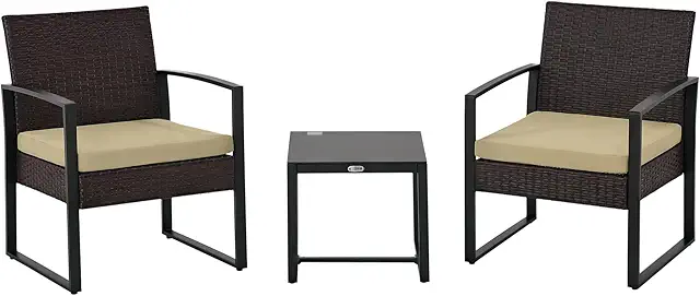Outsunny 3-Piece Faux Wicker Bistro Set with Glass Table & Washable Cushions