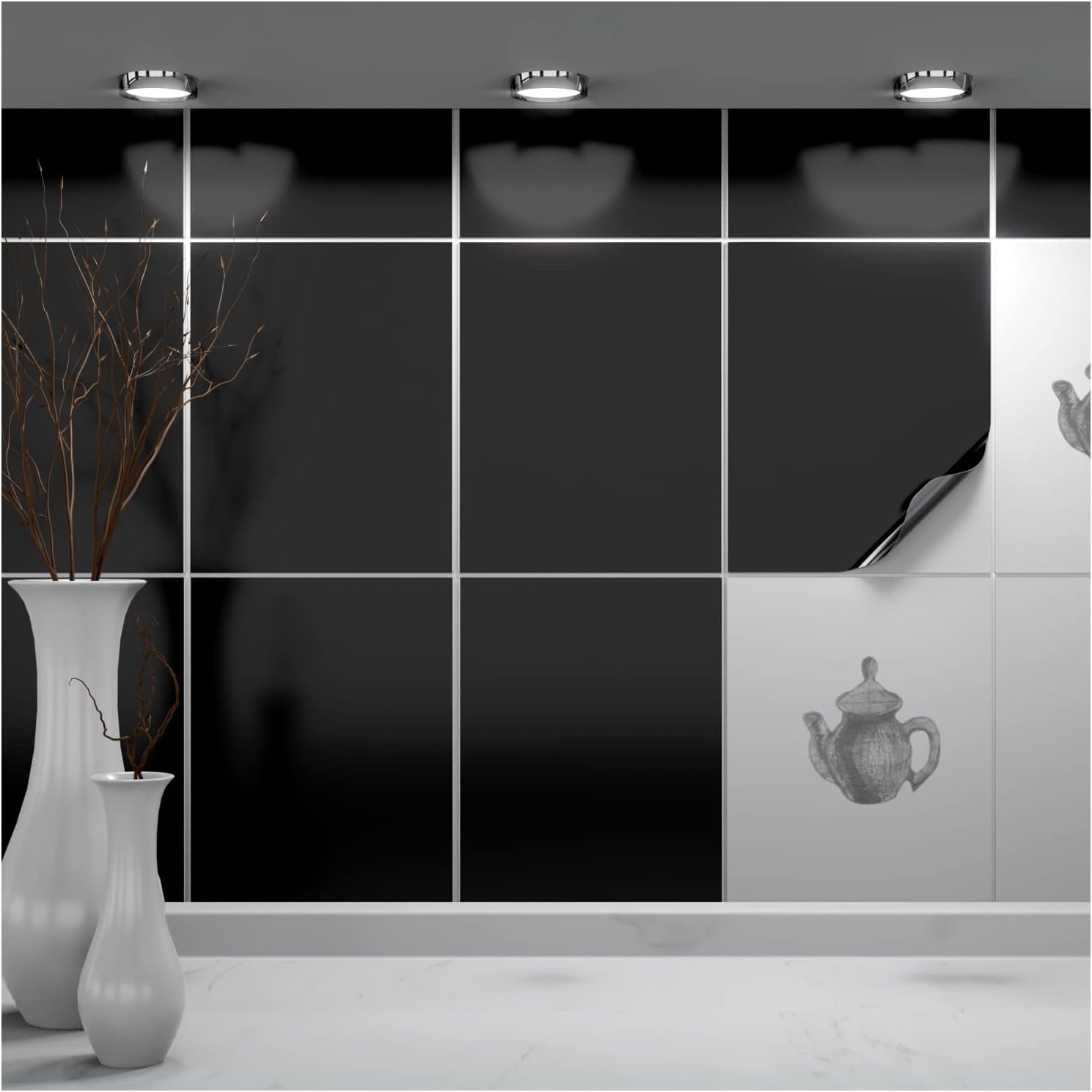 FoLIESEN Tile Sticker 20x25 cm (~ 8x10 Inch) - Tile Stickers for Bathroom & Kitchen - Pack of 200, Black glossy