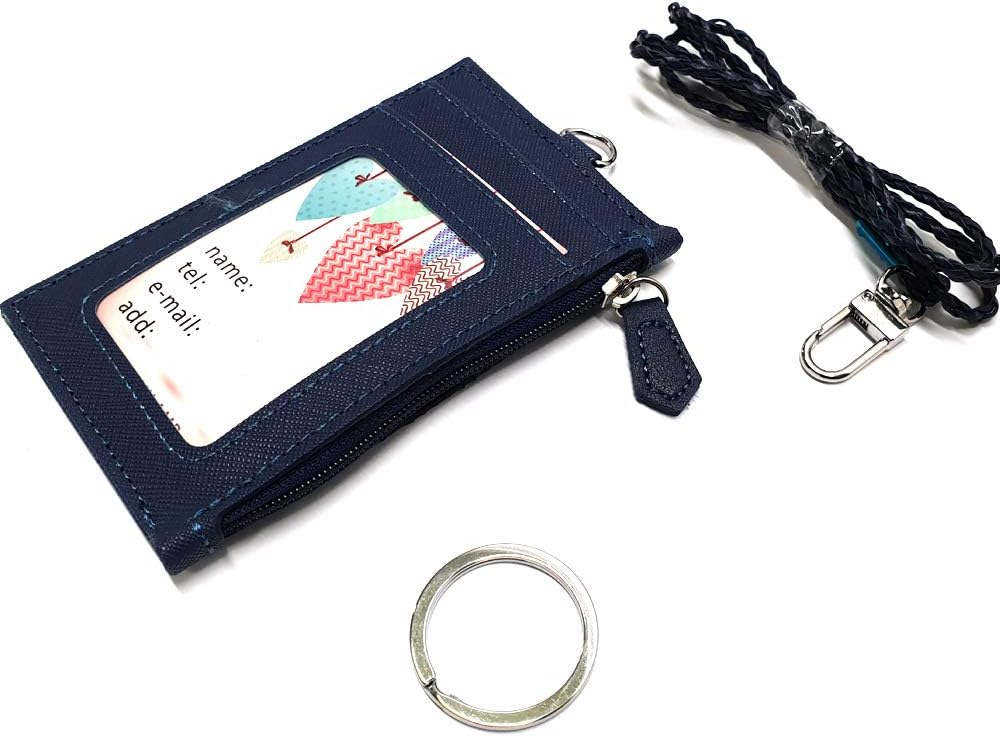 Badge Holder with Zipper, PU Leather ID Badge Card Holder Wallet with 4 Card Slots, 1 Side Pocket Neck Lanyard/Strap for Offices ID, School ID, Driver Licence (Navy Blue)