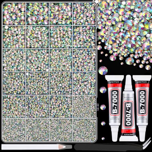 Image of 25000Pcs Resin Rhinestones with Tweezers for Bedazzling, AB 2-6mm Mixed Sizes Crystal with 3Pcs 10ml B7000 Jewelry Glue for Nail Art Makeup