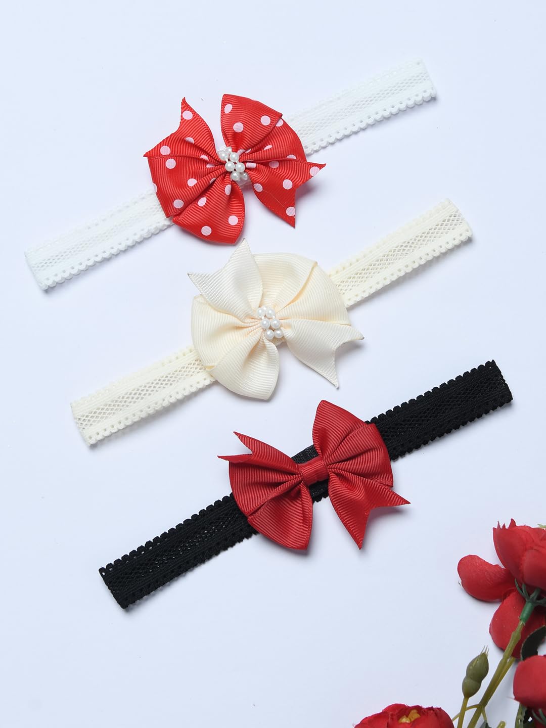 Funkrafts Pack Of 3 Trendy Solid And Polka Ribbon Bow Headbands - Red & Off White (FUNHB888)-image-24
