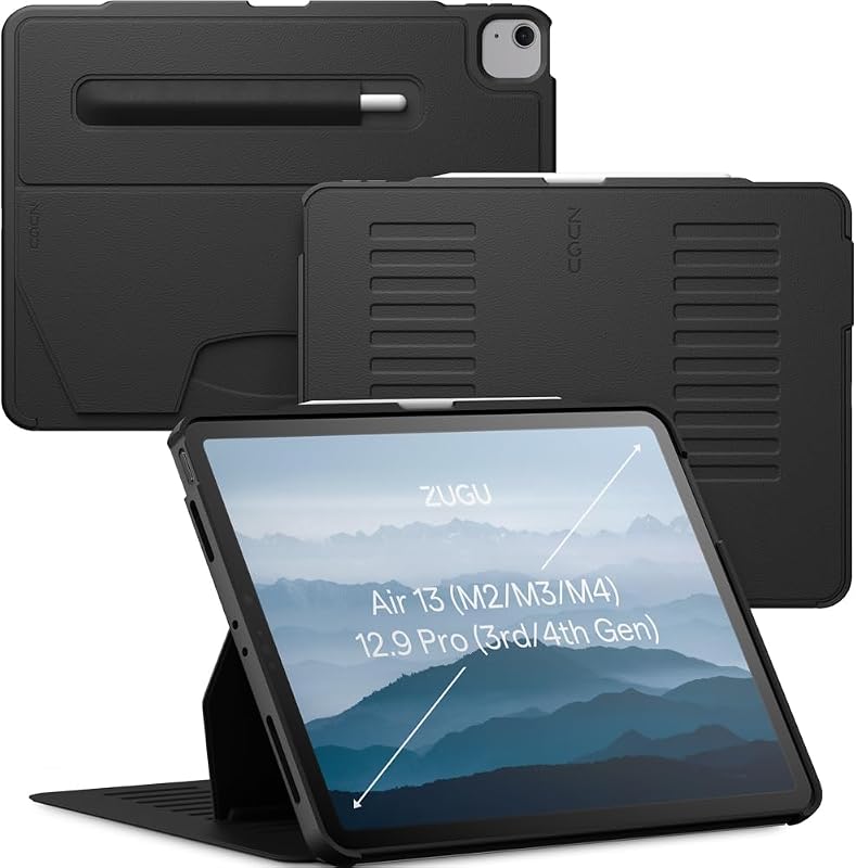 ZUGU Case for iPad Air 13 inch (M2/M3/M4) iPad Pro 12.9 Gen 3/4 [Black] | Ultra Slim Protective Cover, Apple Pencil Holder w/Charging, Convenient 10-Angle Magnetic Stand, Auto Sleep/Wake Function