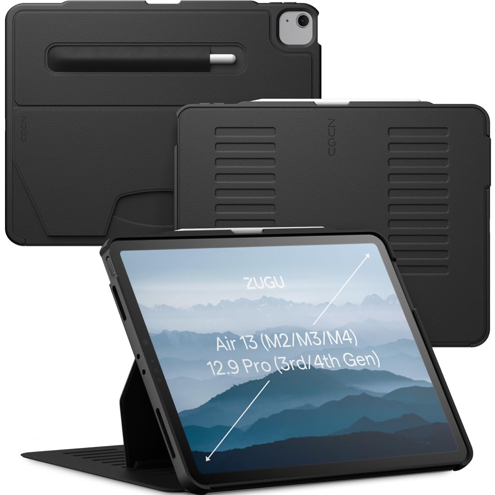 Zugu Case for iPad Air 13 Inch M4 2026, M3 2025 & M2 &/12.9 inch (3rd/4th Gen), Slim Protective Cover with Apple Pencil Charging & Storage, Auto Wake/Sleep, Multiple Viewing Angles (Black)