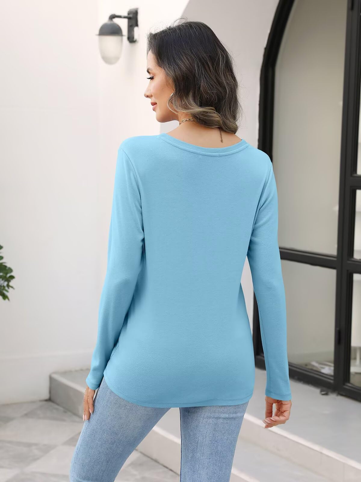 Minetom Camisetas de manga larga con cuello en V para mujer, blusas estilo Henley