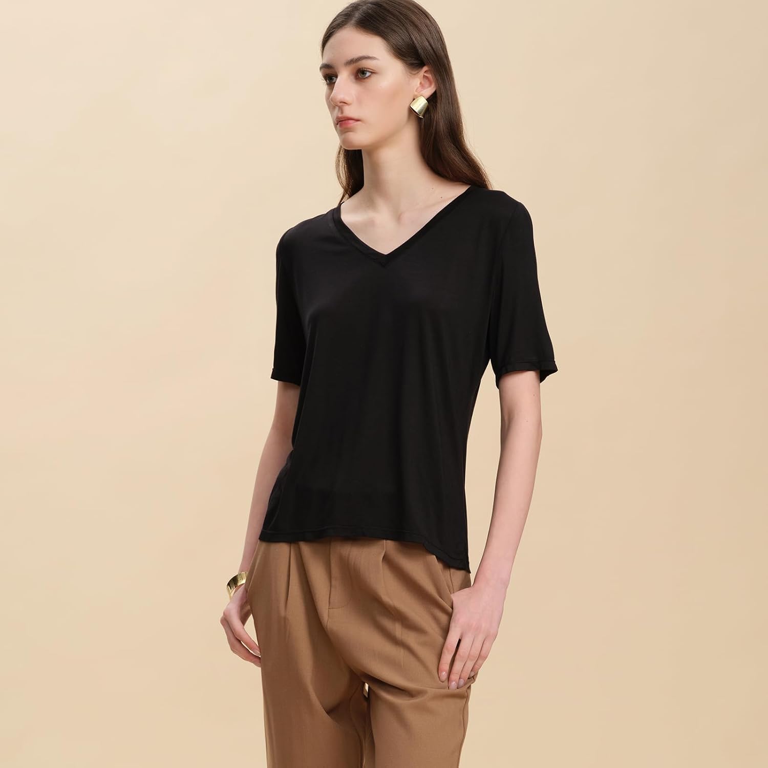 Women's Mulberry Silk Blend V-Neck T-Shirts Summer Short Sleeve Basic Tees Cool Smooth Ladies Soft Classic Tee Shirt - Image 3