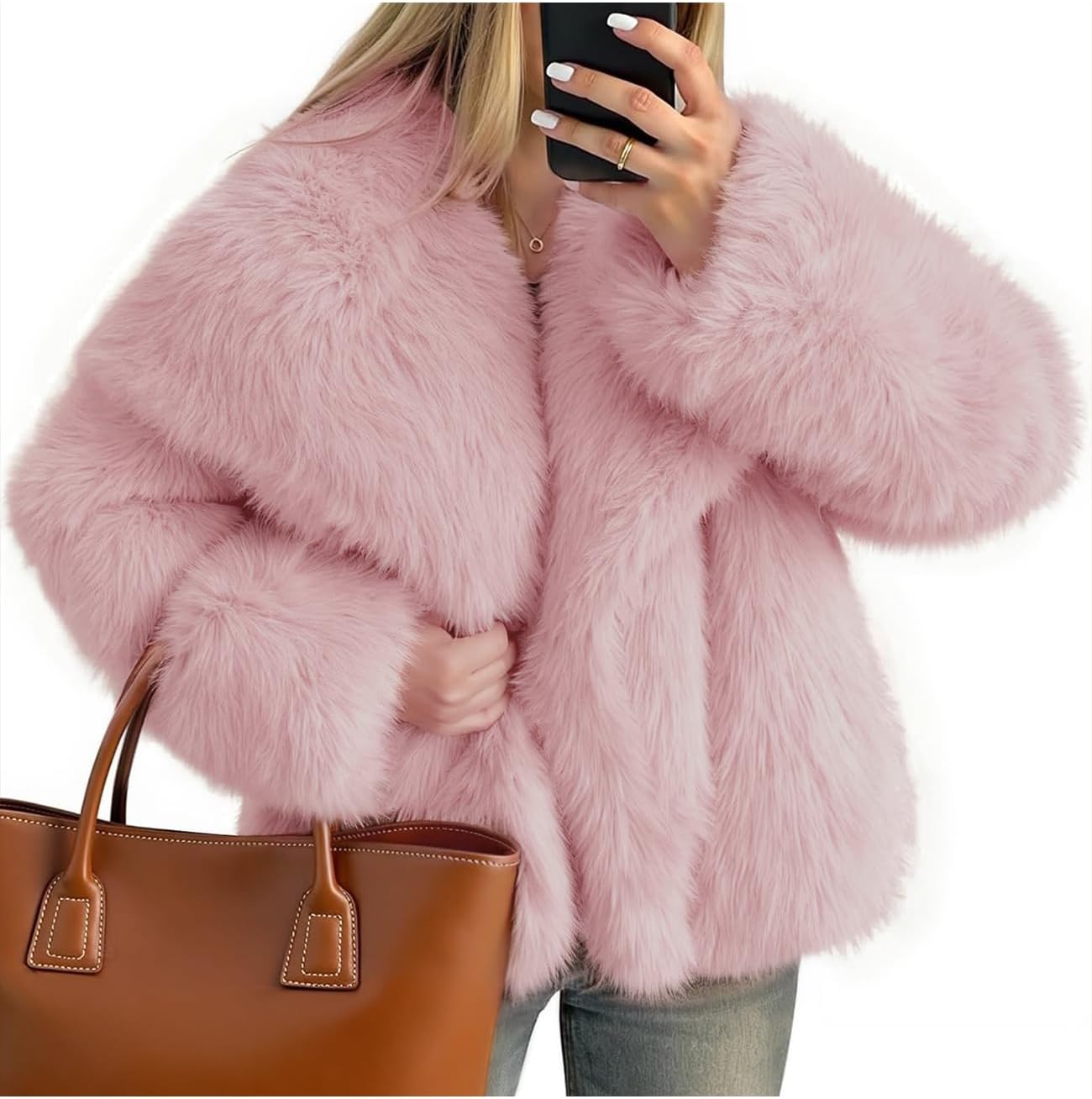 Kissonic Women Faux Fur Coat Long Sleeve Lapel Open Front Shaggy Furry Jacket Warm Fluffy Short Outwear