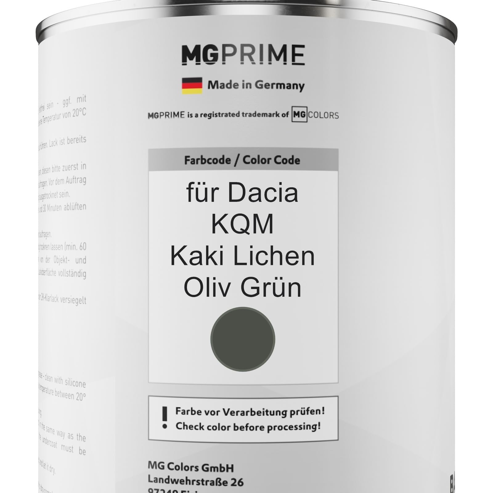 MG PRIME Vernice per auto Barattolo pronto all’uso per Dacia KQM Kaki Lichen/Oliv Grün Vernice di base 1,0 litri 1000ml