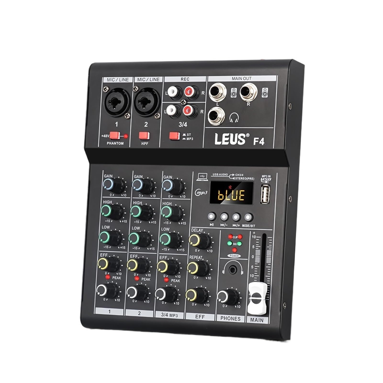 Mixer DJ, F4 Mixing Console Interfaccia Bluetooth USB Registrazione PC 48V Phantom Power Ritardo Ripetizione Effetto 4 Canali DJ Sound Mixer(White)