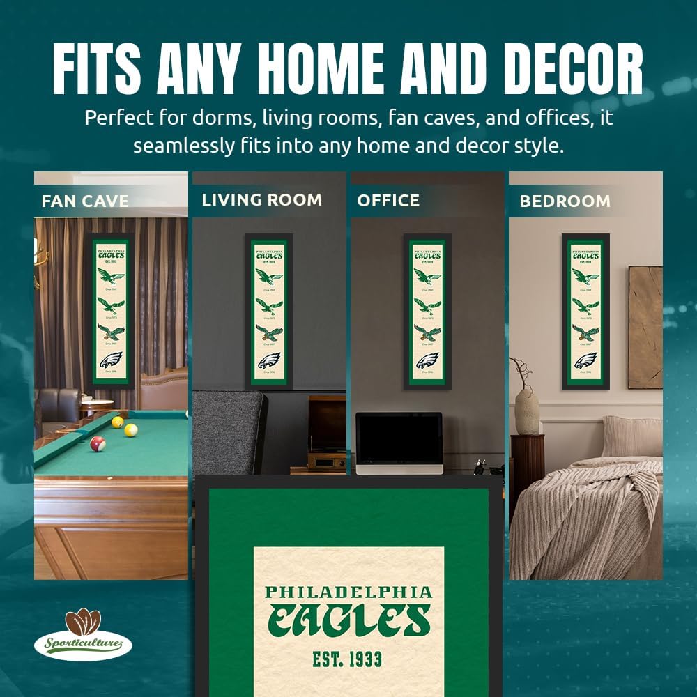 Sporticulture NFL Wall Art Philadelphia Eagles Logo Heritage Print - Small Size 8" x 26" Framed Football Poster Sports Logo Merchandise - Perfect Gifts For Men & Women Fans for Bedroom & Man Cave