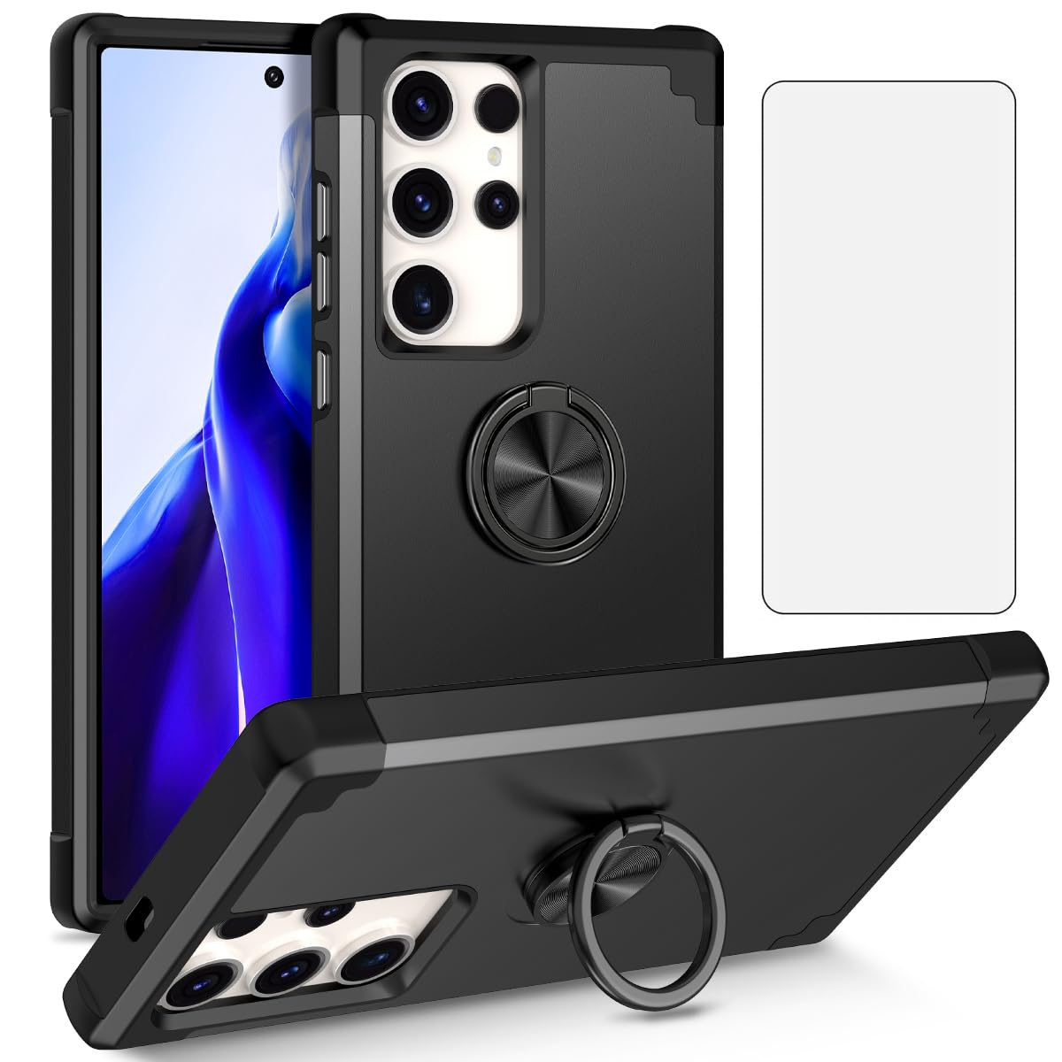 Asuwish Phone Case for Samsung Galaxy S22 Ultra / S23 Ultra 5G with Screen Protector Cover and Magnetic Ring Holder Stand S22ultra 22S S 22 S22ultra5g S23Ultra 23S S 23 23Ultra Women Men Black