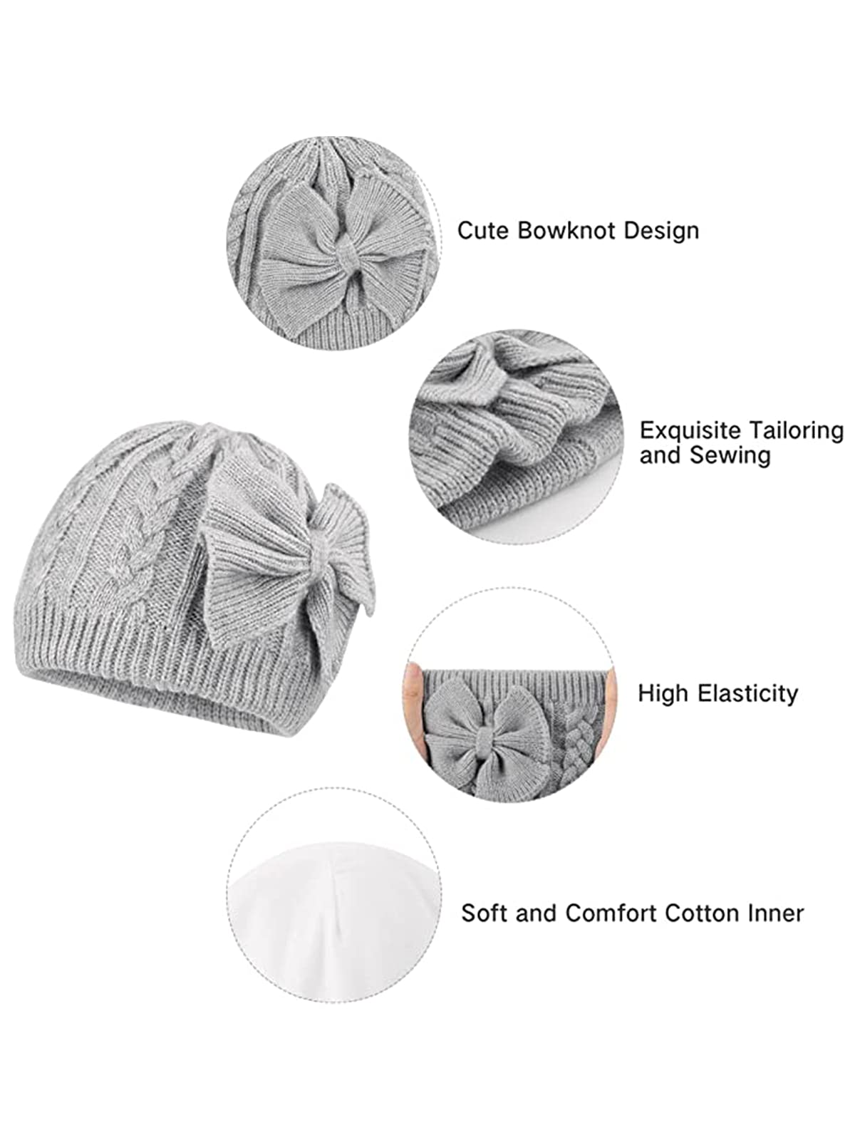 Century Star Newborn Hats Winter Knitted Bow Hat Cotton Lined Infant Caps Toddler Girls Hat Baby Girl Beanie Hats, 02 White, One Size 2