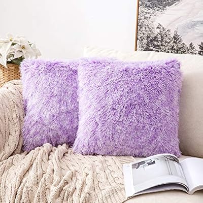 MIULEE Pack of 2 Ultra Soft Fluffy Throw Pillow Covers Decorative Plush Shaggy Double-Sided Faux Fur Pillow Cases Cushions Covers for Sofa Bedroom Car, 18x18 Inch, Purple Ombre