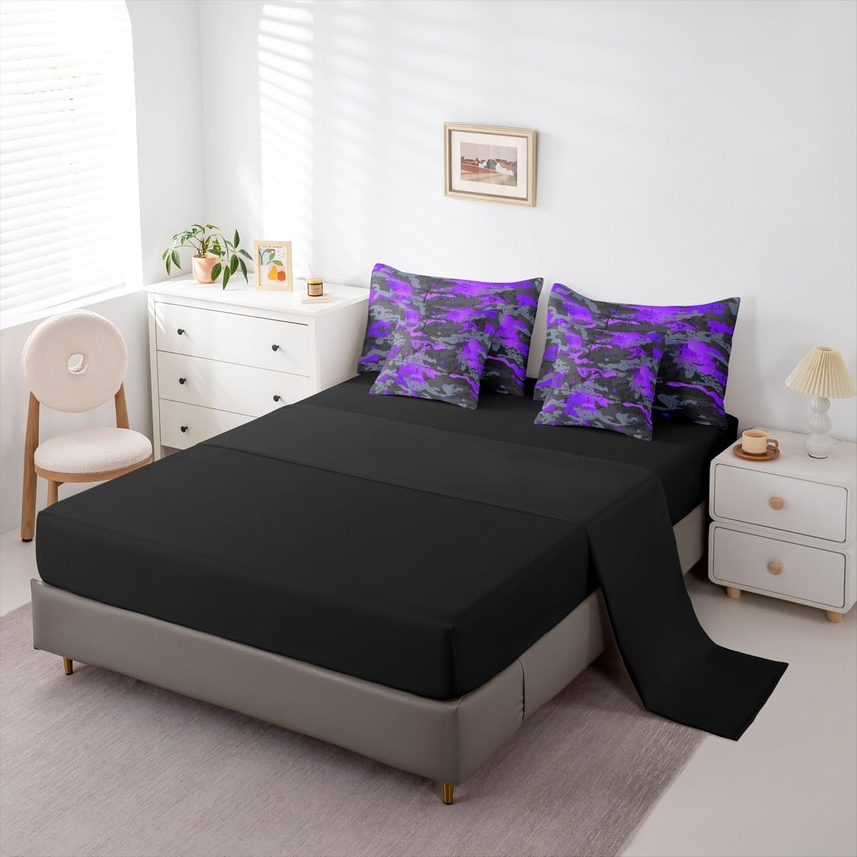 Erosebridal Ombre Camo Comforter Set Watercolor Bed in A Bag Queen Size 7 Pieces Stars Retro Camouflage Grunge Ink Splash Bed Set Grey Purple Bedding
