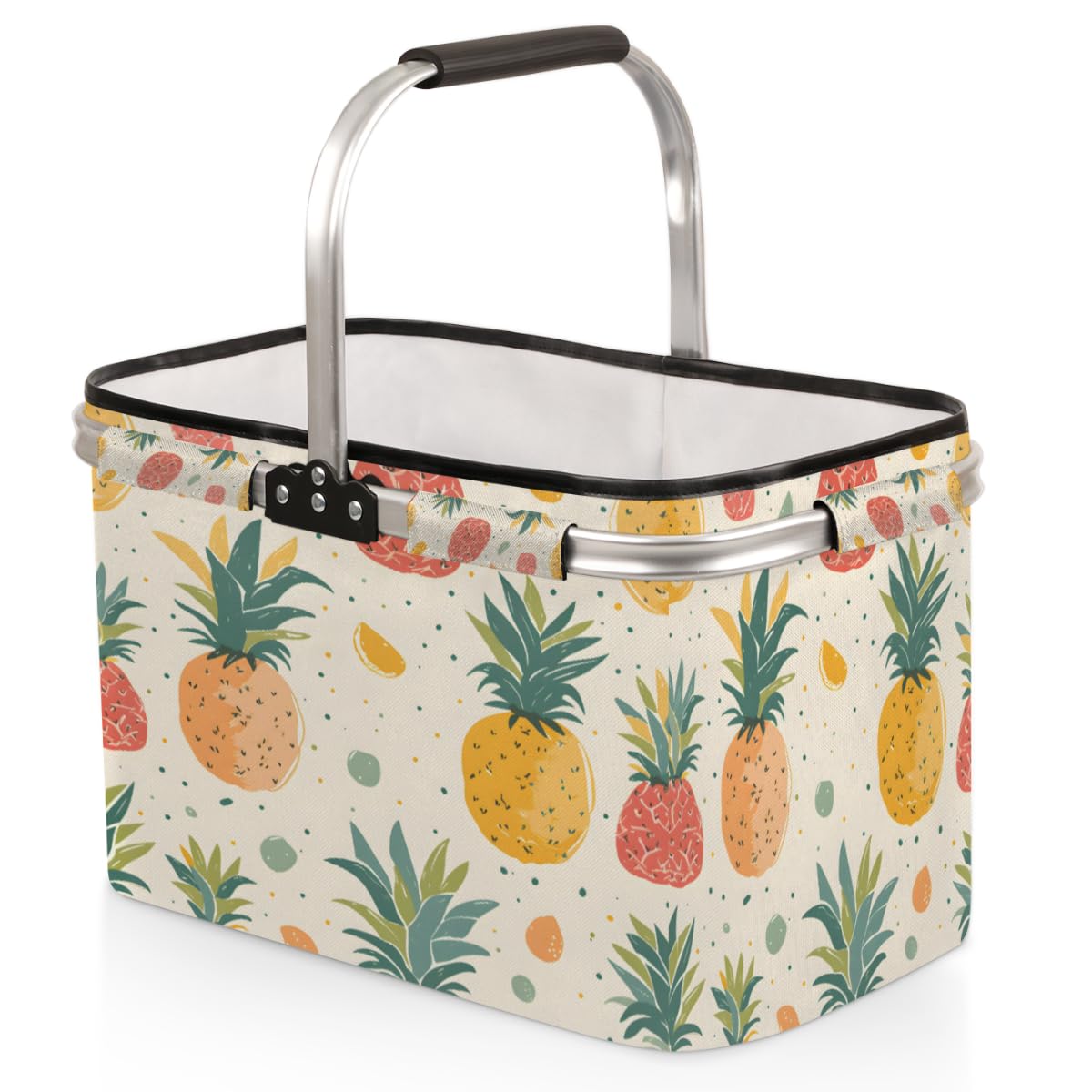 Skonsati Folding Picnic Basket Pineapple Large Reusable Shopping Basket Collapsible Grocery Tote Bag with Handle & Aluminum Frame for Picnic Beach Pool Festival