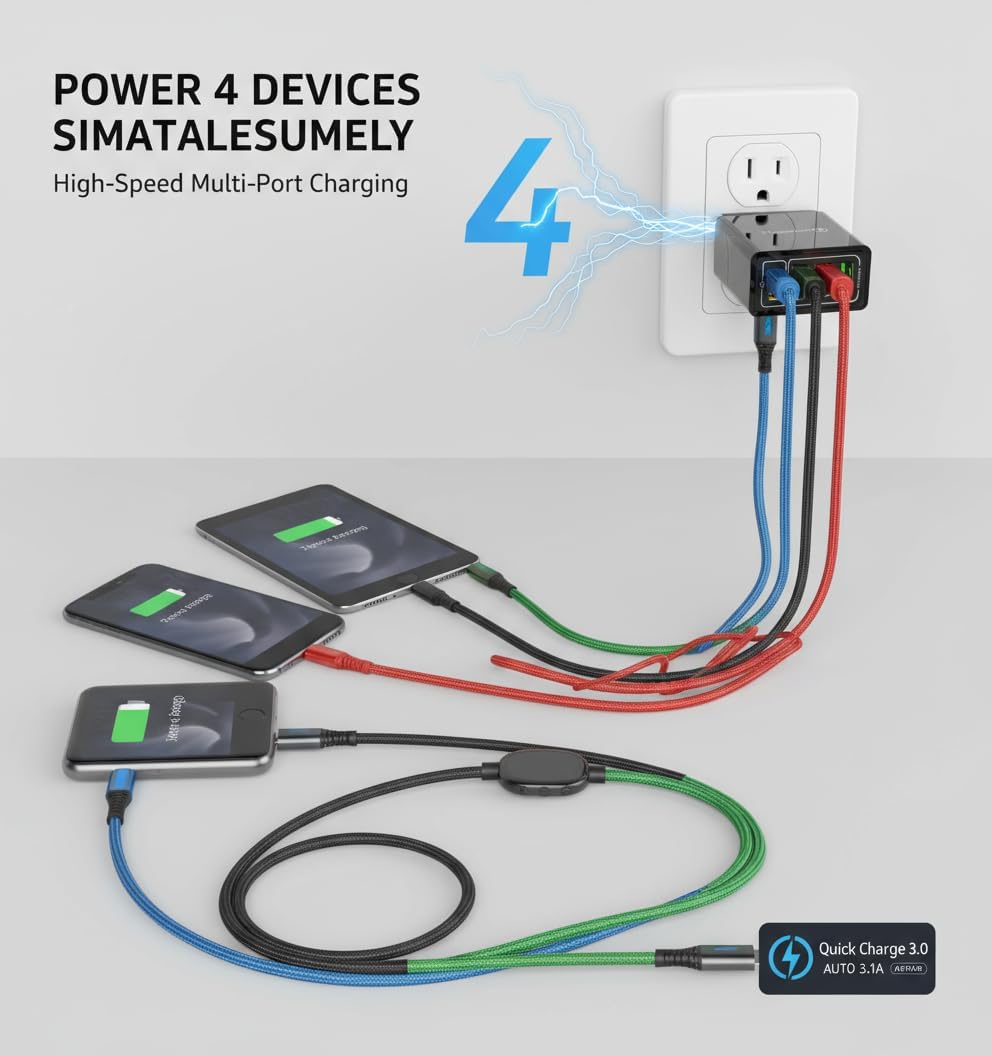 Phone Charger, 4-Port Wall with Intelligent Temperature Control, Intelligent Temperature Charging Universal Compatibility, Portable Charger, Fast Charging Block (Black*2pcs)