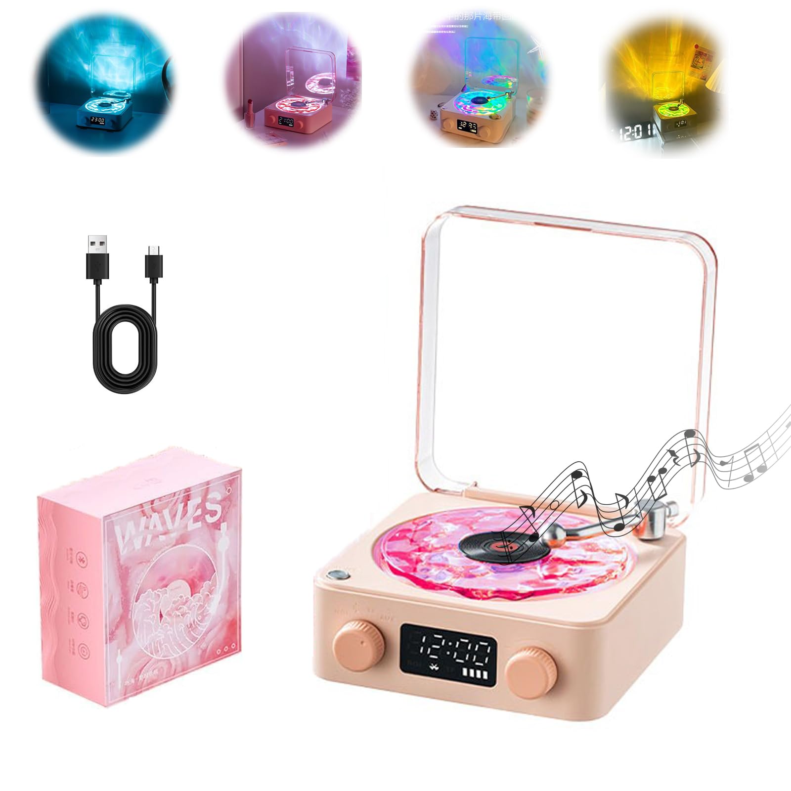 Waves Vinyl Bluetooth Speaker, Portable CD Player, Wireless Vintage Vinyl Record Player Style Speaker with Ambient Lights - Pink-image-24