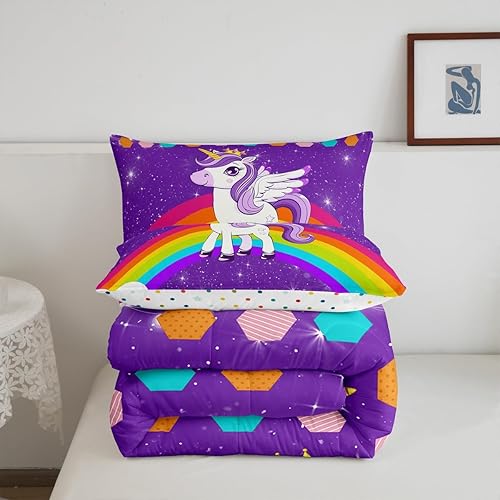 Miniatura 5 de Juego de edredón de unicornio para niñas, tamaño individual, juego de ropa de cama con diseño de arcoíris, bonito edredón de plumón con purpurina de