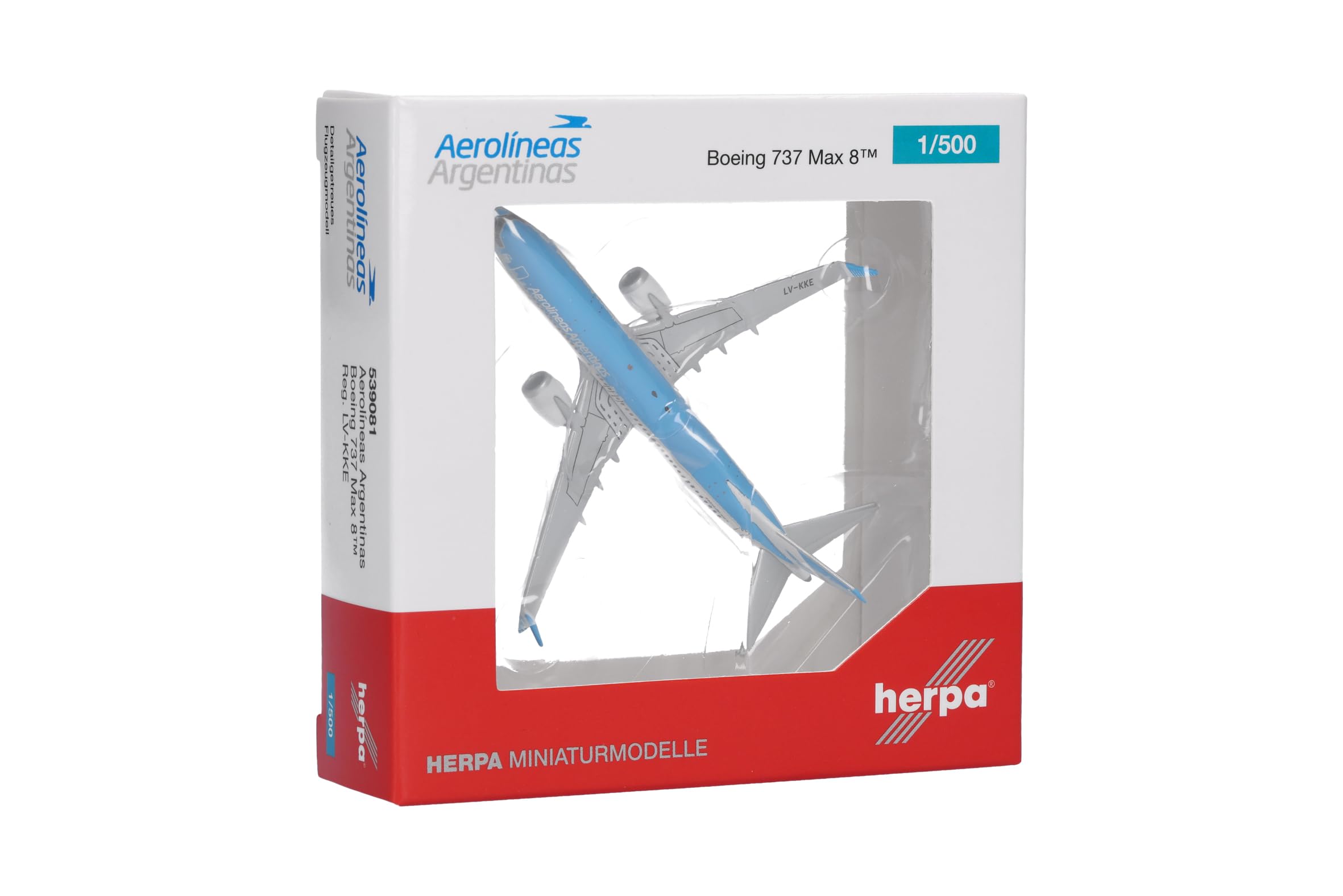 Herpa Modellflugzeug Aerolíneas Argentinas Boeing 737 Max 8, Miniatur im Maßstab 1:500, Sammlerstück, Flugzeug Modell ohne Standfuß, Metall
