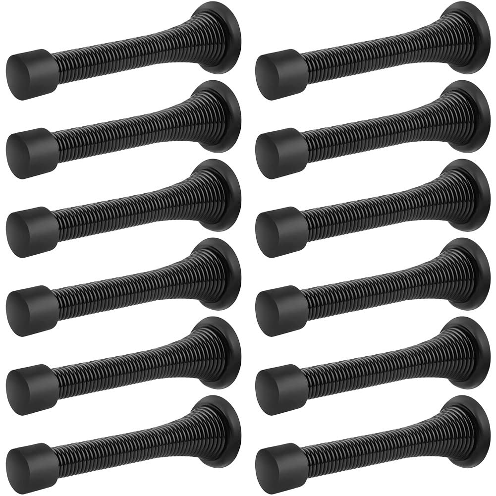 Ggnaxivs Black 12 Pack Spring Door Stops, Flexible Spring Door Stopper With Low Mounted Rubber Bumper Tips