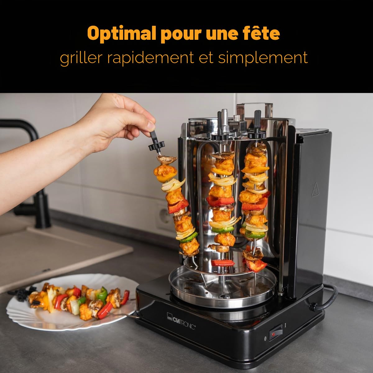 Clatronic® Döner Multigrill | Parfait pour les gyros, kebabs & Co | Gril gyros pour griller sans graisse à la maison | Gril à kebab Incl. tournebroche & 6 brochettes de viande | DVG 3686