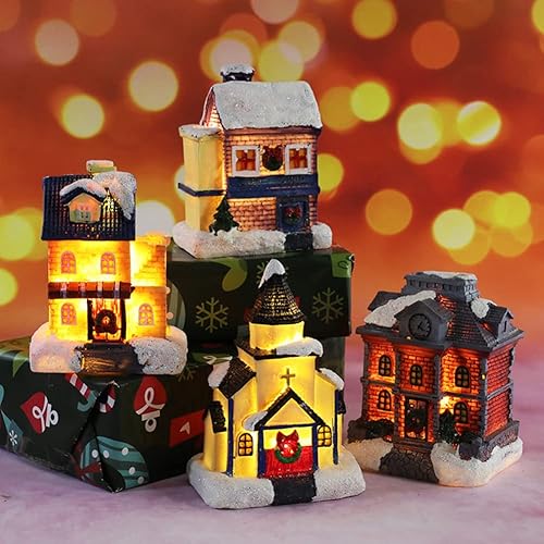 Miniatura 3 de EUBUY Casas de pueblo de Navidad con luces, 4 pulgadas de resina de Navidad, casas de pueblo con luz LED blanca cálida, funciona con pilas, adornos