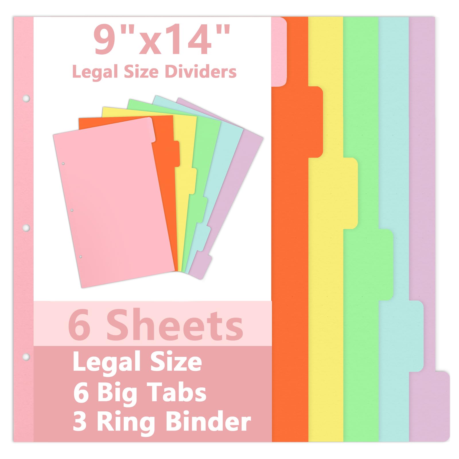 6 Sheets 9x14 Inch Legal Size Tabbed Dividers 3 Ring Binder Legal Binder Dividers 6 Colors Legal Index Tab Dividers Legal Exhibit Dividers File Separators with 2 Blank Card Stock for Office Document
