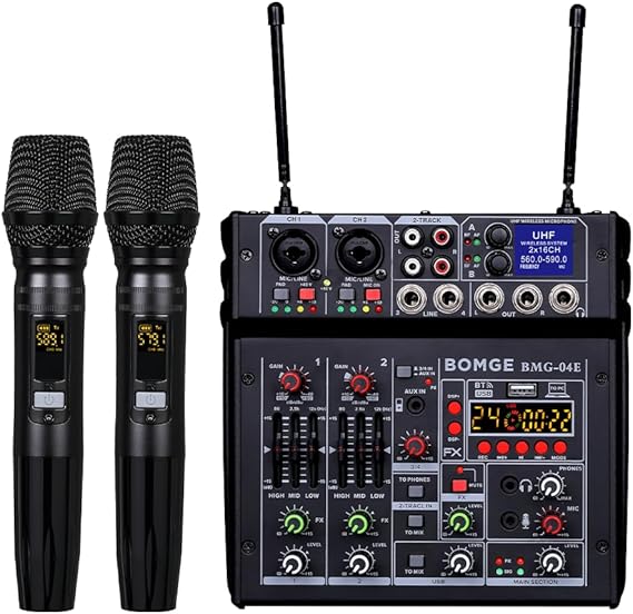 BOMGE 04E Karaoke Audio Mixer 4 Channel Mixer with Wireless Dual UHF Microphone Soundboard Console MP3 Bluetooth 48V Phantom Power USB Audio Interface DJ Mixing for Party Computer