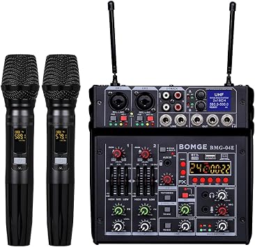 BOMGE 04E Karaoke Audio Mixer 4 Channel Mixer with Wireless Dual UHF Microphone Soundboard Console MP3 Bluetooth 48V Phantom Power USB Audio Interface DJ Mixing for Party Computer